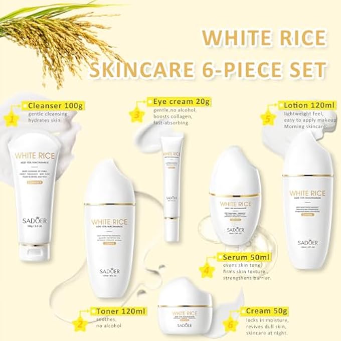 STRBOXONG FOR SADOER RICE NIACINAMIDE SKINCARE SET - 6 PIECE FIRMING SKINCARE KIT WITH CLEANSER, TONER, LOTION, EYE CREAM, FACE CREAM & SERUM FOR DAILY FACIAL CARE - Image 3